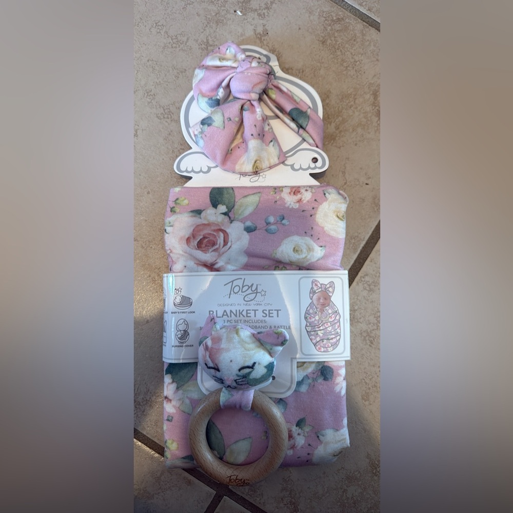 Floral Blanket Set with Headband and Toy & Receiving Blankets